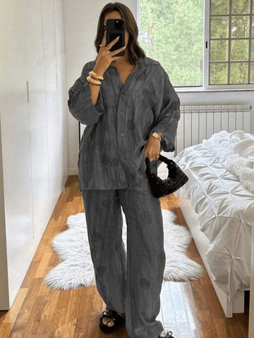Women's New Tie-Dye Casual Vacation Lapel Shirt With Drawstring Waist High Waist Pants Set