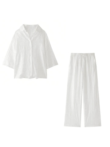 Women's New Tie-Dye Casual Vacation Lapel Shirt With Drawstring Waist High Waist Pants Set