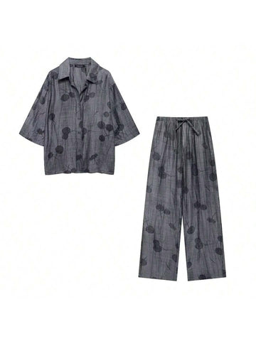 Women's New Tie-Dye Casual Vacation Lapel Shirt With Drawstring Waist High Waist Pants Set