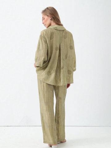 Women's New Tie-Dye Casual Vacation Lapel Shirt With Drawstring Waist High Waist Pants Set