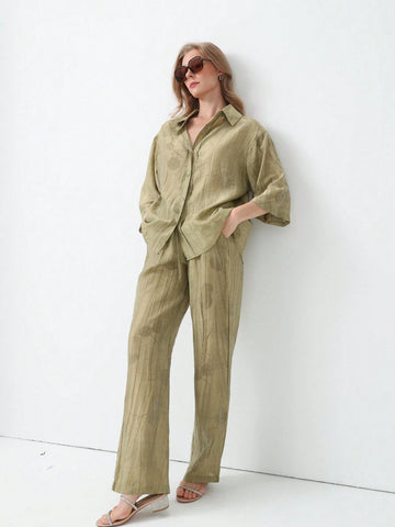 Women's New Tie-Dye Casual Vacation Lapel Shirt With Drawstring Waist High Waist Pants Set
