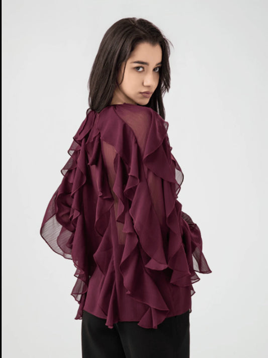 Elegant Deep V-Neck Ruffle Sleeve Blouse
