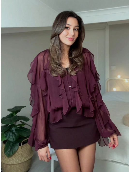 Elegant Deep V-Neck Ruffle Sleeve Blouse