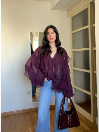 Elegant Deep V-Neck Ruffle Sleeve Blouse