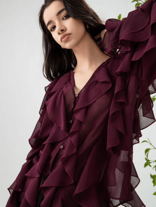 Elegant Deep V-Neck Ruffle Sleeve Blouse