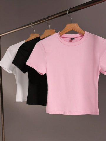 EMERY ROSE 4pcs Women Solid Color Crop Fitted Crew Neck Short Sleeve T-Shirts