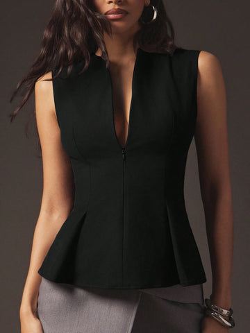 Sexy Front Zip Peplum Structured Tailored Sleeveless Top