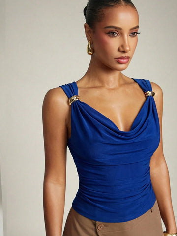 Women's Basic Casual Office Ruched Shoulder With Gold Decor Cowl Neck Top