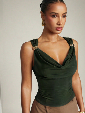 Women's Basic Casual Office Ruched Shoulder With Gold Decor Cowl Neck Top