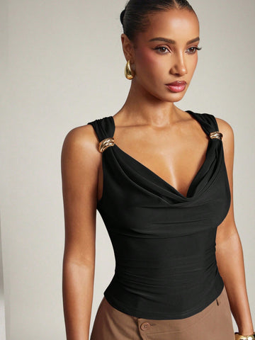 Women's Basic Casual Office Ruched Shoulder With Gold Decor Cowl Neck Top