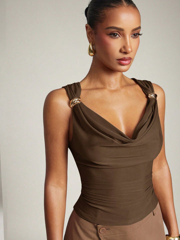 Women's Basic Casual Office Ruched Shoulder With Gold Decor Cowl Neck Top