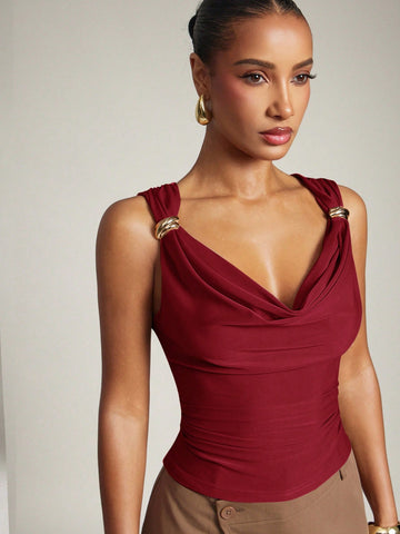 Women's Basic Casual Office Ruched Shoulder With Gold Decor Cowl Neck Top