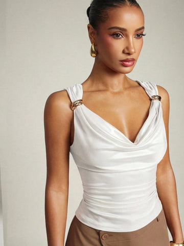 Women's Basic Casual Office Ruched Shoulder With Gold Decor Cowl Neck Top