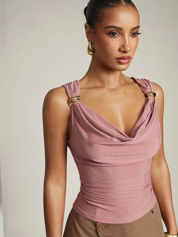 Women's Basic Casual Office Ruched Shoulder With Gold Decor Cowl Neck Top