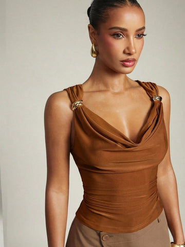 Women's Basic Casual Office Ruched Shoulder With Gold Decor Cowl Neck Top