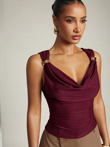 Women's Basic Casual Office Ruched Shoulder With Gold Decor Cowl Neck Top