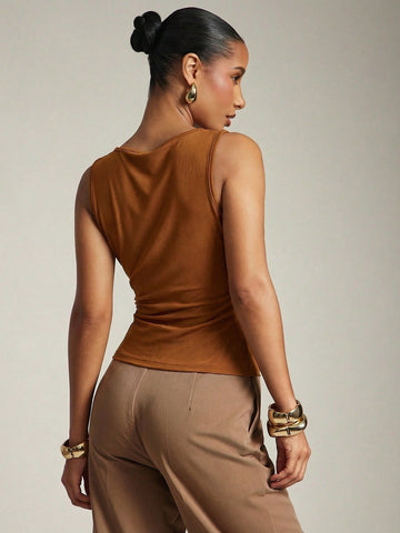 Women's Basic Casual Office Ruched Shoulder With Gold Decor Cowl Neck Top