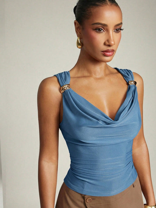 Women's Basic Casual Office Ruched Shoulder With Gold Decor Cowl Neck Top