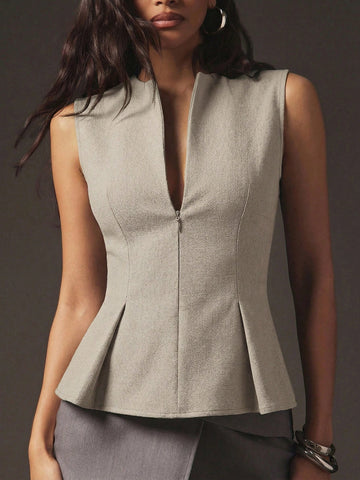 Sexy Front Zip Peplum Structured Tailored Sleeveless Top
