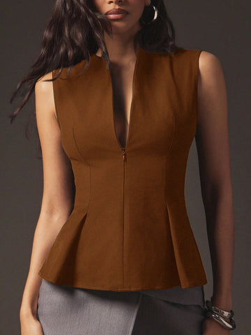 Sexy Front Zip Peplum Structured Tailored Sleeveless Top