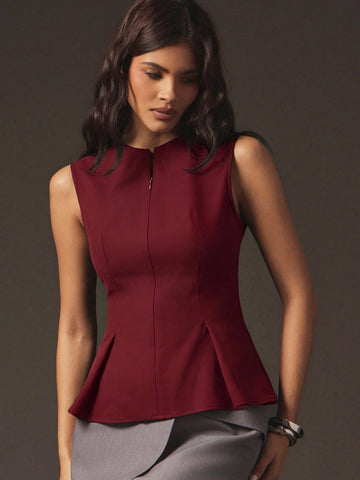 Sexy Front Zip Peplum Structured Tailored Sleeveless Top