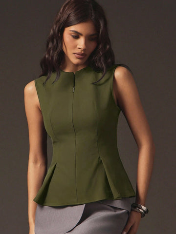 Sexy Front Zip Peplum Structured Tailored Sleeveless Top