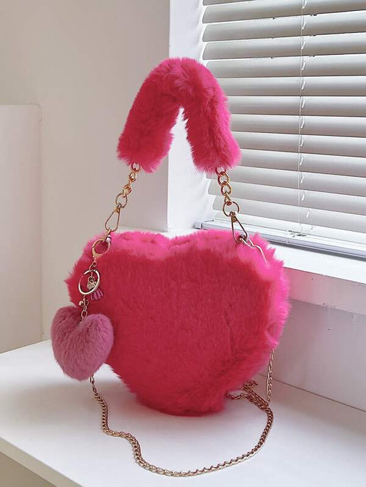 Heart Shaped Fluffy Novelty Bag With Bag Charm