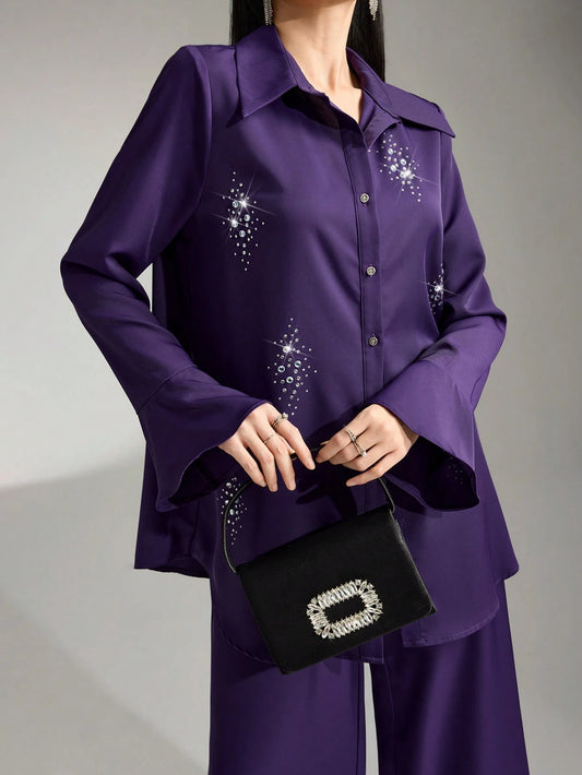 Women Elegant Rhinestone Decor Flare Sleeve Button Front Shirt And Pants Suit
