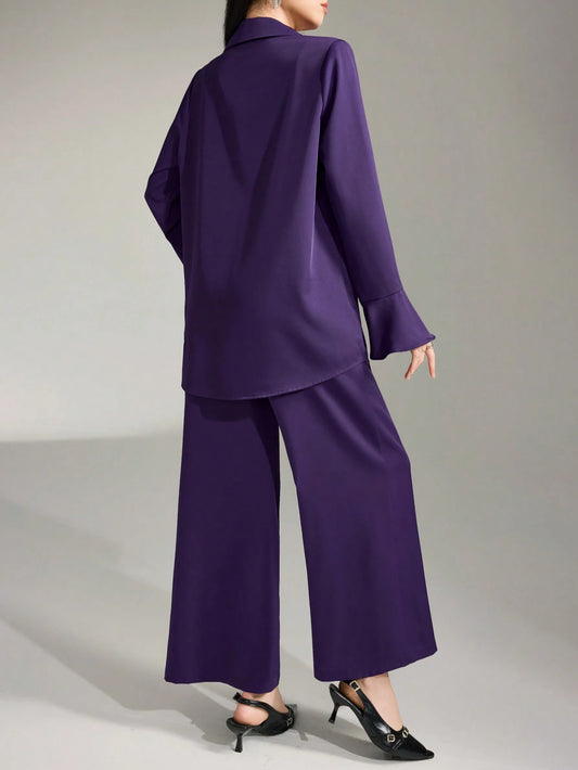 Women Elegant Rhinestone Decor Flare Sleeve Button Front Shirt And Pants Suit