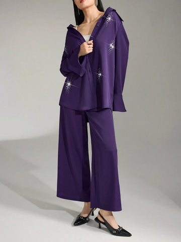 Women Elegant Rhinestone Decor Flare Sleeve Button Front Shirt And Pants Suit