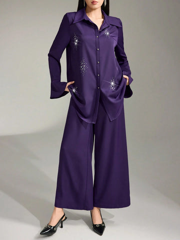 Women Elegant Rhinestone Decor Flare Sleeve Button Front Shirt And Pants Suit