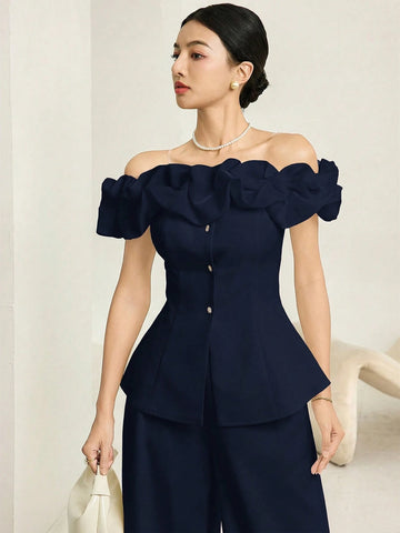 Fashionable & Elegant Asymmetric-Shoulder Top & Pants