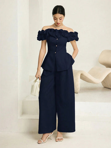 Fashionable & Elegant Asymmetric-Shoulder Top & Pants