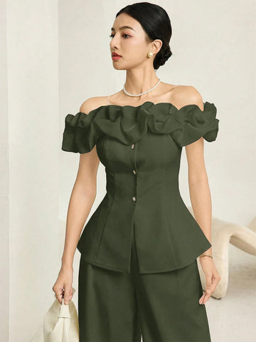 Fashionable & Elegant Asymmetric-Shoulder Top & Pants