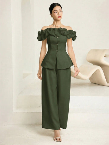Fashionable & Elegant Asymmetric-Shoulder Top & Pants
