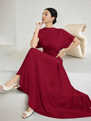 Women Elegant Solid Batwing Sleeve Maxi Dress