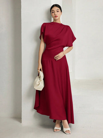 Women Elegant Solid Batwing Sleeve Maxi Dress