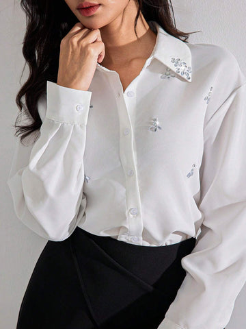 Women's Long Sleeve Front Button Casual Shirt With Rhinestone Decor Elegant Shirts