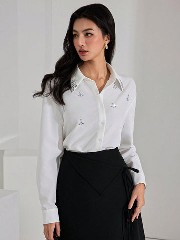 Women's Long Sleeve Front Button Casual Shirt With Rhinestone Decor Elegant Shirts