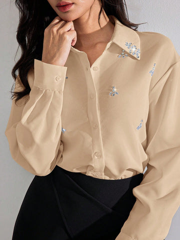 Women's Long Sleeve Front Button Casual Shirt With Rhinestone Decor Elegant Shirts