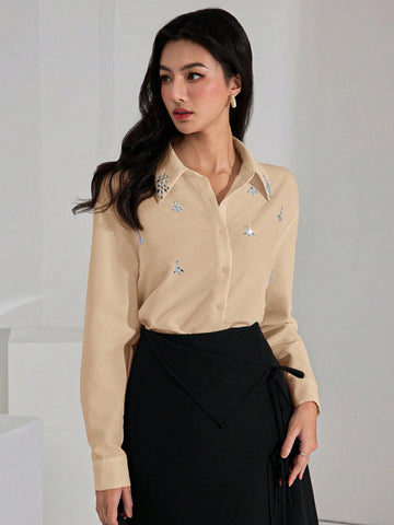 Women's Long Sleeve Front Button Casual Shirt With Rhinestone Decor Elegant Shirts