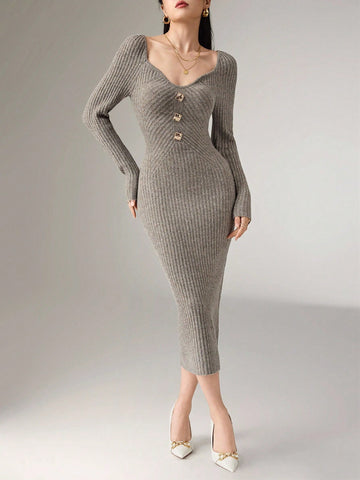 Women's Elegant Metal Buckle Sweater Dress