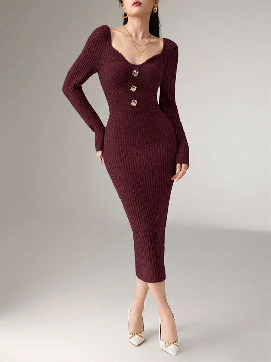 Women's Elegant Metal Buckle Sweater Dress