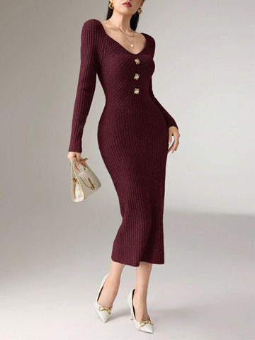 Women's Elegant Metal Buckle Sweater Dress