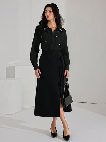 Women's Long Sleeve Front Button Casual Shirt With Rhinestone Decor Elegant Shirts