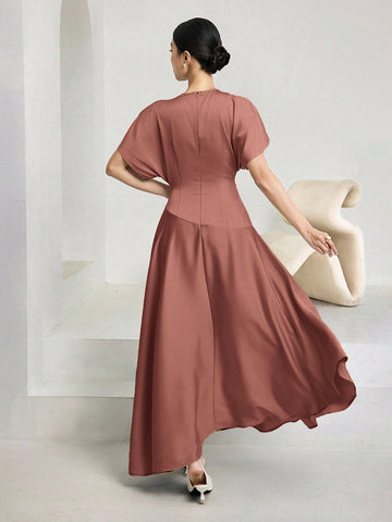 Women Elegant Solid Batwing Sleeve Maxi Dress