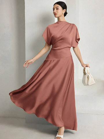 Women Elegant Solid Batwing Sleeve Maxi Dress