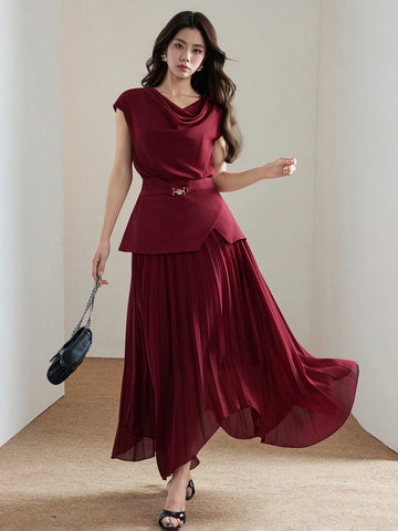 Women's Elegant Solid Color Draped Neck Pleated Hem Belted Long Dress