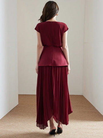 Women's Elegant Solid Color Draped Neck Pleated Hem Belted Long Dress