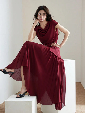 Women's Elegant Solid Color Draped Neck Pleated Hem Belted Long Dress
